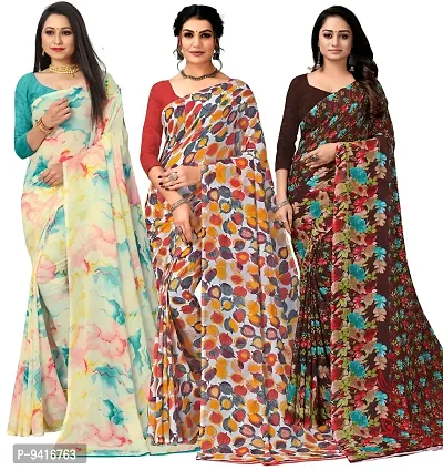 Classic Georgette Printed Saree with Blouse Piece, Pack of 3