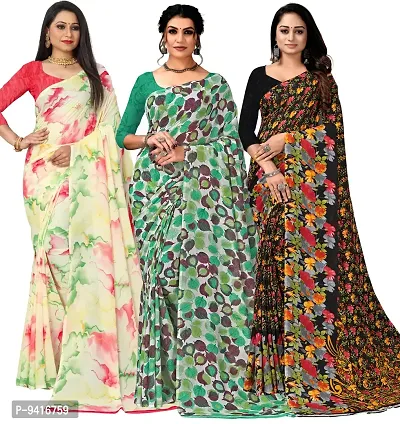 Classic Georgette Printed Saree with Blouse Piece, Pack of 3-thumb0