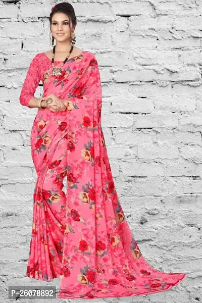 Elegant Pink Georgette Printed Saree with Blouse piece-thumb0