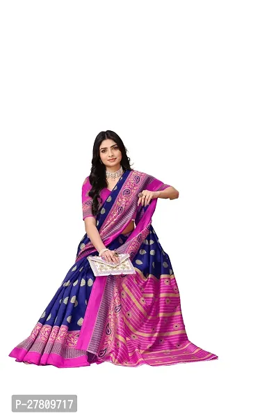 Beautiful Navy Blue Art Silk Printed Saree With Blouse Piece For Women