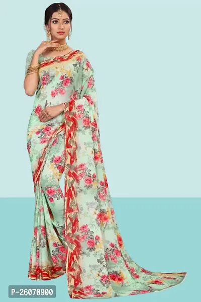 Elegant Green Georgette Printed Saree with Blouse piece