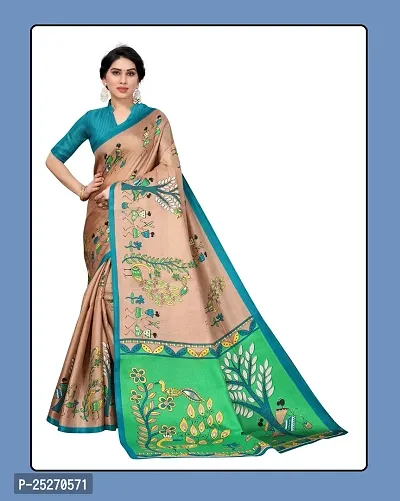 Elegant Brown Art Silk Printed Saree with Blouse piece