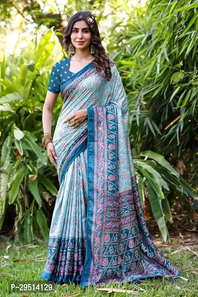 Beautiful Blue Dola Silk Foil Print Women Saree with Blouse piece