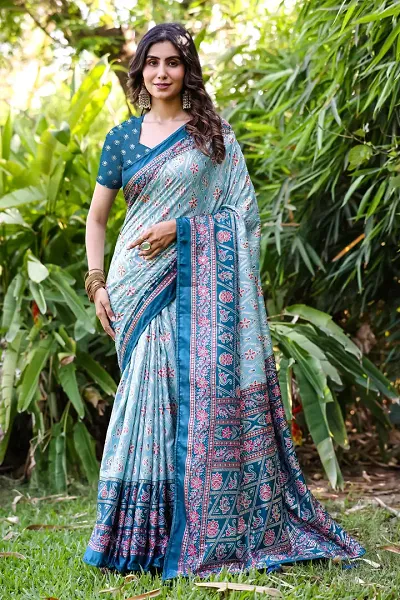 Beautiful Dola Silk Foil Print Women Saree with Blouse piece