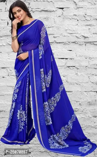 Elegant Blue Georgette Printed Saree with Blouse piece-thumb0