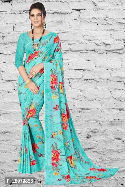 Elegant Teal Georgette Printed Saree with Blouse piece