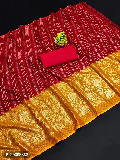 Alluring Red Kota Doria Woven Design Saree with Blouse piece-thumb0