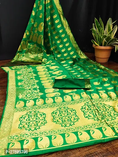 Beautiful Green Jaqcard  Woven Design Saree With Blouse Piece For Women