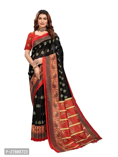 Beautiful Black Art Silk Printed Saree With Blouse Piece For Women