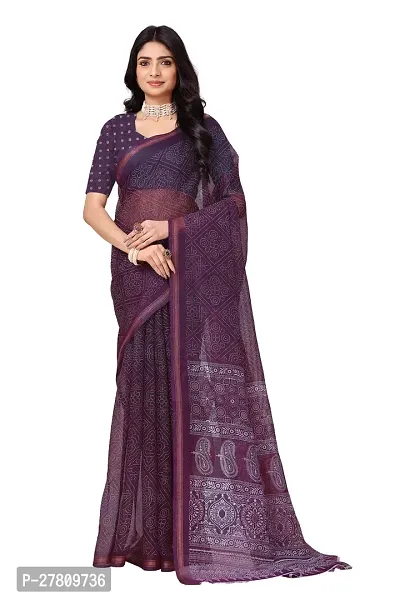 Beautiful Purple Net Printed Saree With Blouse Piece For Women