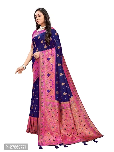 Beautiful Navy Blue Jaqcard  Woven Design Saree With Blouse Piece For Women-thumb3