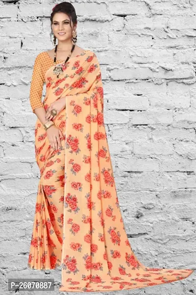 Elegant Peach Georgette Printed Saree with Blouse piece-thumb0