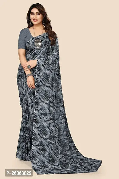 Alluring Grey Georgette Printed Saree with Blouse piece