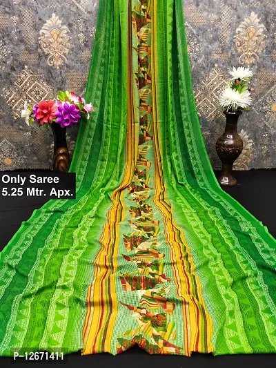 Trendy Green Georgette Printed Saree Without Blouse