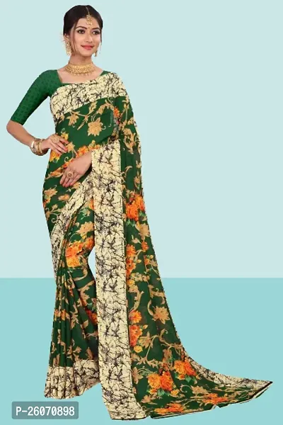 Elegant Green Georgette Printed Saree with Blouse piece