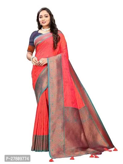 Beautiful Peach Jaqcard  Woven Design Saree With Blouse Piece For Women