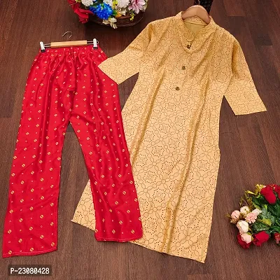 Straight Beige  Cotton Blend Kurta Pant Set For Women-thumb0