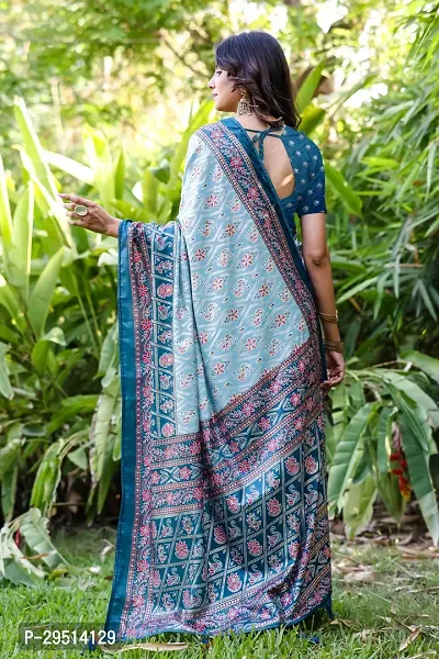 Beautiful Blue Dola Silk Foil Print Women Saree with Blouse piece-thumb2