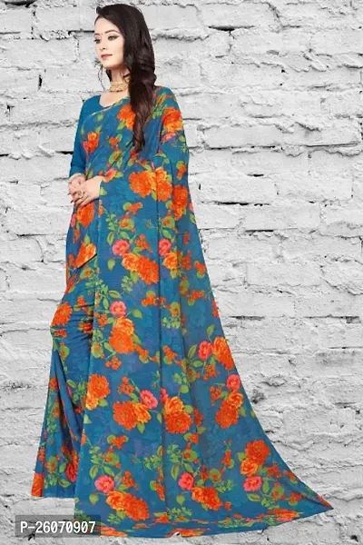 Elegant Teal Georgette Printed Saree with Blouse piece