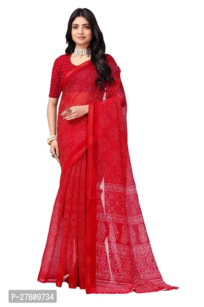 Beautiful Red Net Printed Saree With Blouse Piece For Women