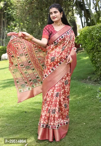 Beautiful Peach Cotton Silk Printed Women Saree with Blouse piece-thumb3