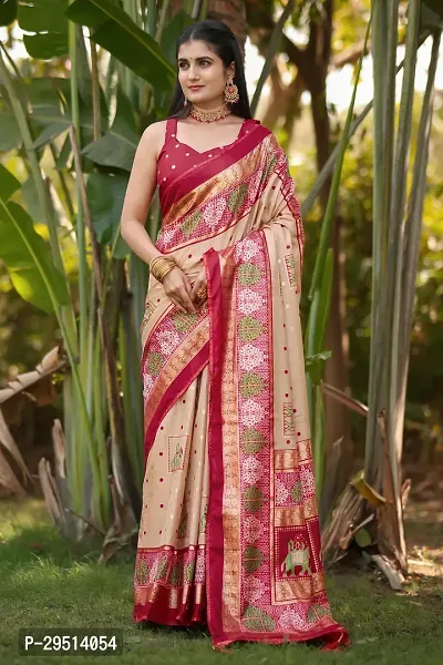 Beautiful Beige Dola Silk Foil Print Women Saree with Blouse piece-thumb0