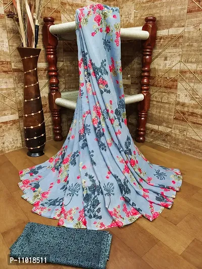 Stylish Poly Georgette Grey Printed Saree with Blouse piece