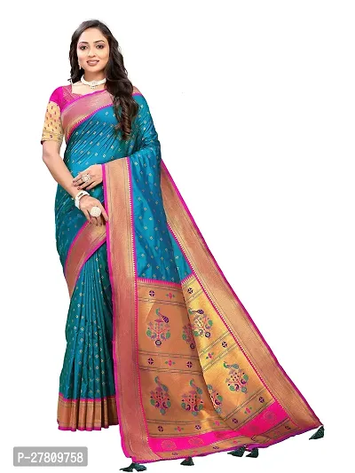 Beautiful Teal Jaqcard  Woven Design Saree With Blouse Piece For Women