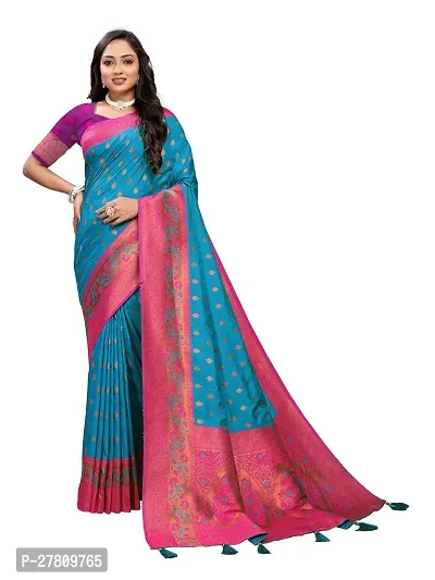 Beautiful Teal Jaqcard  Woven Design Saree With Blouse Piece For Women
