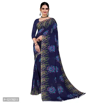 Stylish Georgette Navy Blue Printed Saree with Blouse piece-thumb0