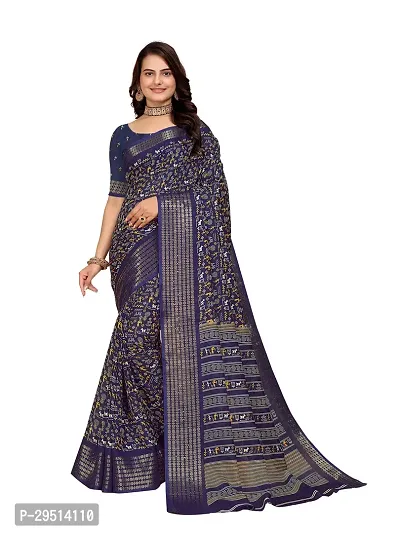 Beautiful Navy Blue Dola Silk Foil Print Women Saree with Blouse piece-thumb0