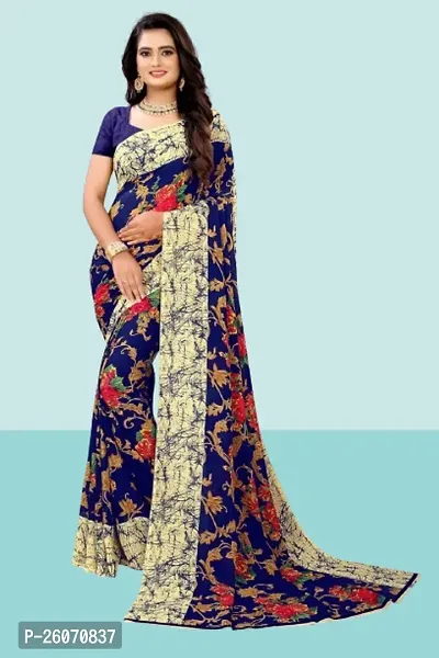 Elegant Navy Blue Georgette Printed Saree with Blouse piece-thumb0