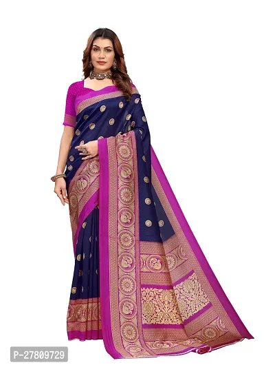 Beautiful Navy Blue Art Silk Printed Saree With Blouse Piece For Women-thumb0