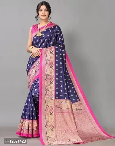 Trendy Navy Blue Mysore Silk Printed Saree With Blouse Piece For Women