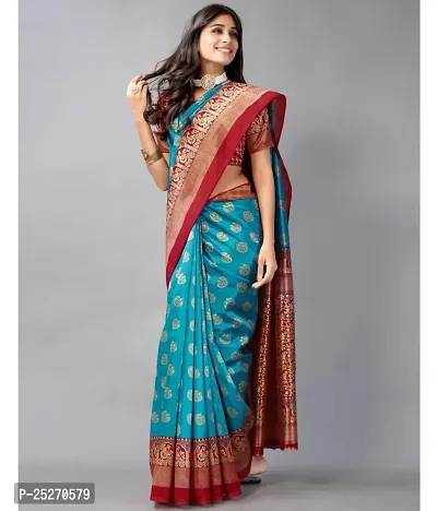 Elegant Teal Art Silk Printed Saree with Blouse piece-thumb0