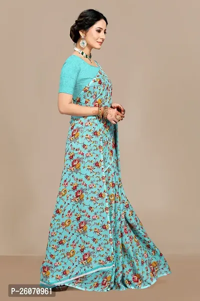 Elegant Teal Georgette Printed Saree with Blouse piece