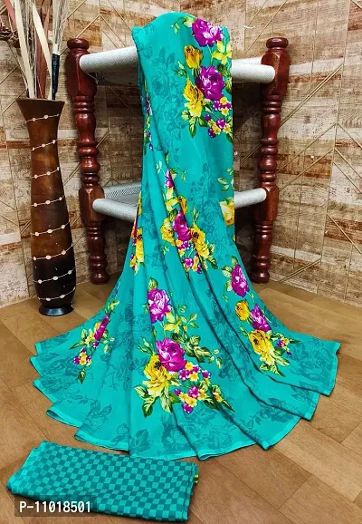 Stylish Poly Georgette Green Printed Saree with Blouse piece-thumb0