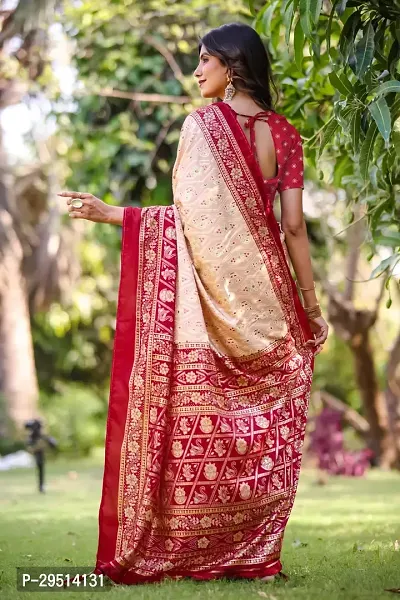 Beautiful Beige Dola Silk Foil Print Women Saree with Blouse piece-thumb2