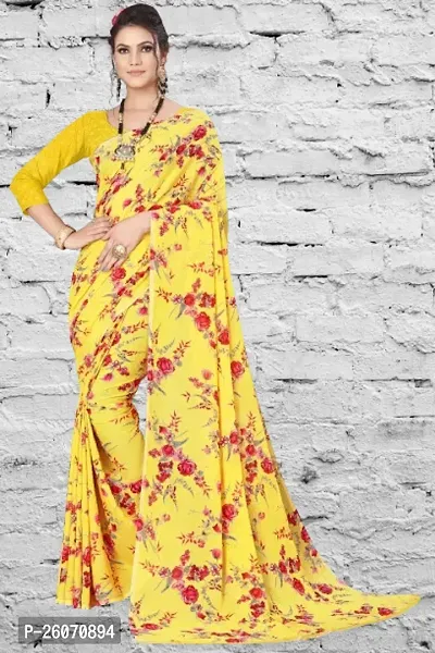 Elegant Yellow Georgette Printed Saree with Blouse piece