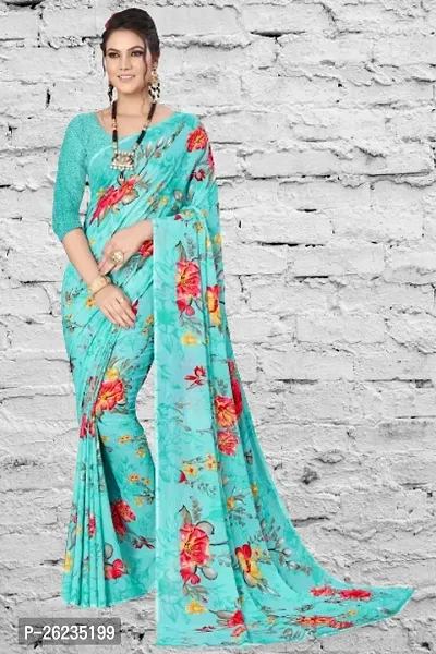 Elegant Teal Georgette Saree with Blouse piece For Women-thumb0