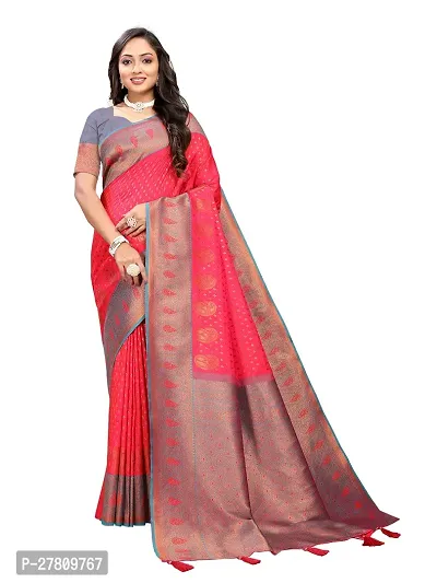 Beautiful Pink Jaqcard  Woven Design Saree With Blouse Piece For Women