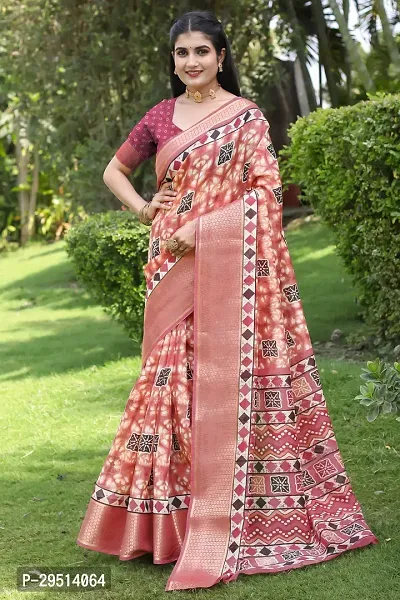 Beautiful Peach Cotton Silk Printed Women Saree with Blouse piece-thumb0