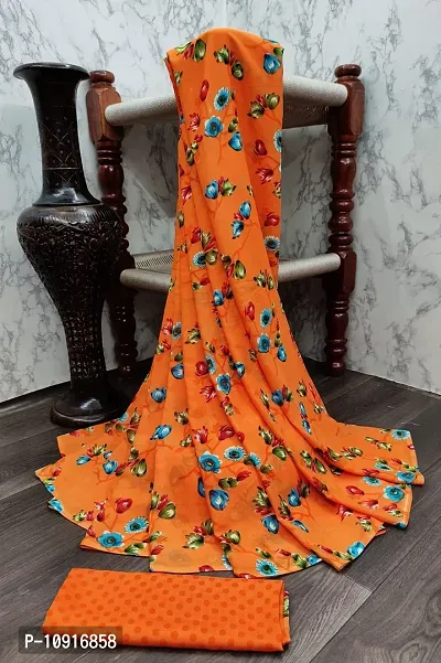 Stylish Georgette Orange Printed Women Saree with Blouse piece