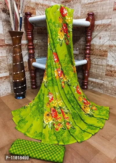 Stylish Poly Georgette Green Printed Saree with Blouse piece-thumb0