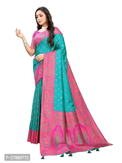 Beautiful Teal Jaqcard  Woven Design Saree With Blouse Piece For Women-thumb3