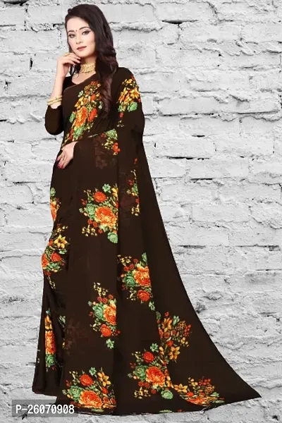 Elegant Brown Georgette Printed Saree with Blouse piece