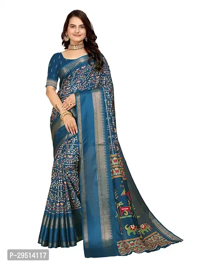 Beautiful Teal Dola Silk Foil Print Women Saree with Blouse piece