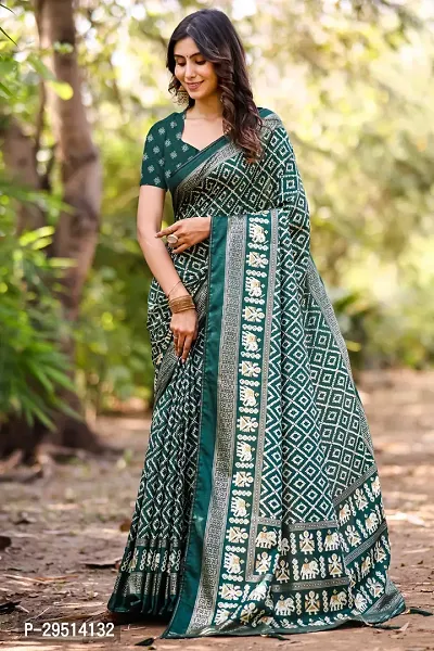 Beautiful Green Dola Silk Foil Print Women Saree with Blouse piece
