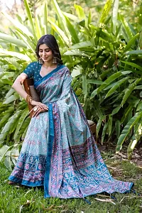 Beautiful Blue Dola Silk Foil Print Women Saree with Blouse piece-thumb2