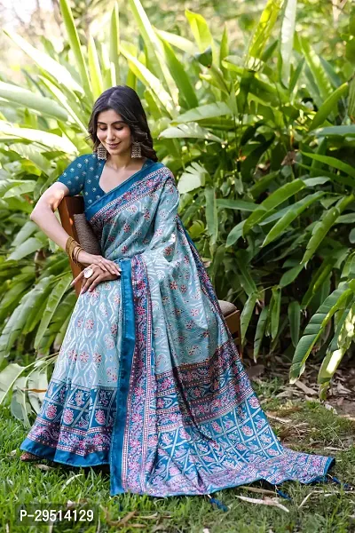 Beautiful Blue Dola Silk Foil Print Women Saree with Blouse piece-thumb3